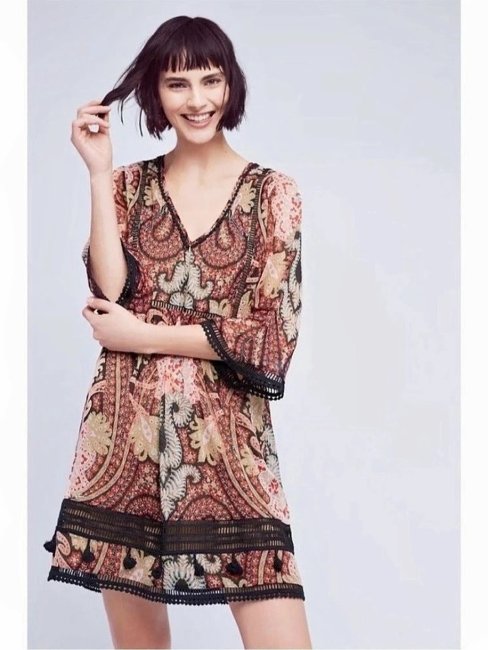 Ranna Gill Joss Kimono Paisley boho Mini Dress in Black & Red Size 6 Like New